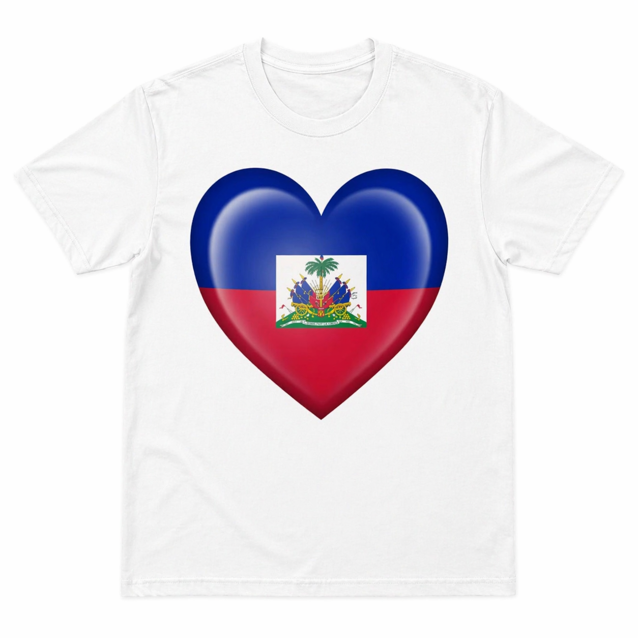 White t-shirt with a heart-shaped design featuring the Haitian flag on a white background