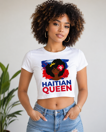 Woman wearing a white t-shirt with 'Haitian Queen' design against a neutral background