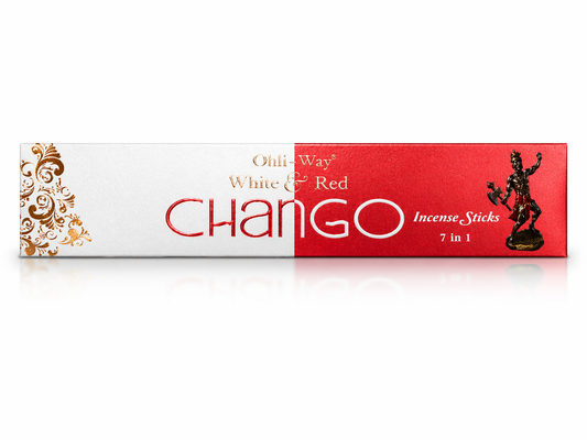 Box of Chango incense sticks with a white and red design on a white background