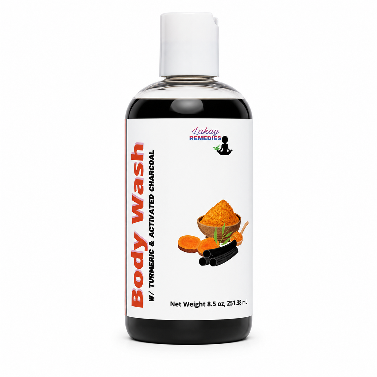 A bottle of Lakay Remedies Body Wash with Turmeric and Activated Charcoal, featuring a white cap, clear bottle showing dark liquid, and a white label with red and black text and ingredient illustrations.