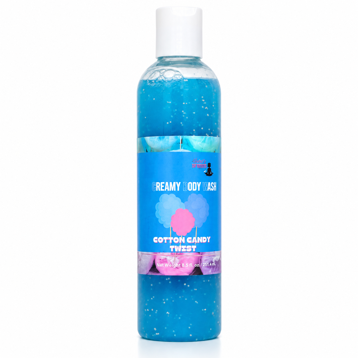 A bottle of body wash with blue gel inside, featuring a white cap and a blue label with pink and white text that reads 'Creamy Body Wash' and 'Cotton Candy Twist'.