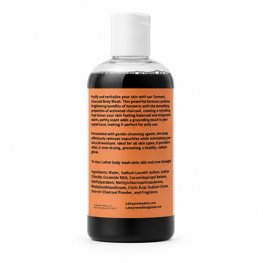 A  plastic bottle of La kay Remedies Turmeric Charcoal Body Wash with a white flip-top cap and a prominent orange label, shown against a plain white background.