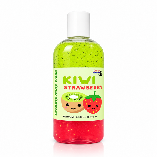 A bottle of Kiwi Strawberry Creamy Body Wash. The clear bottle shows a two-tone liquid split horizontally: a bright green sparkling upper half and a red sparkling lower half.