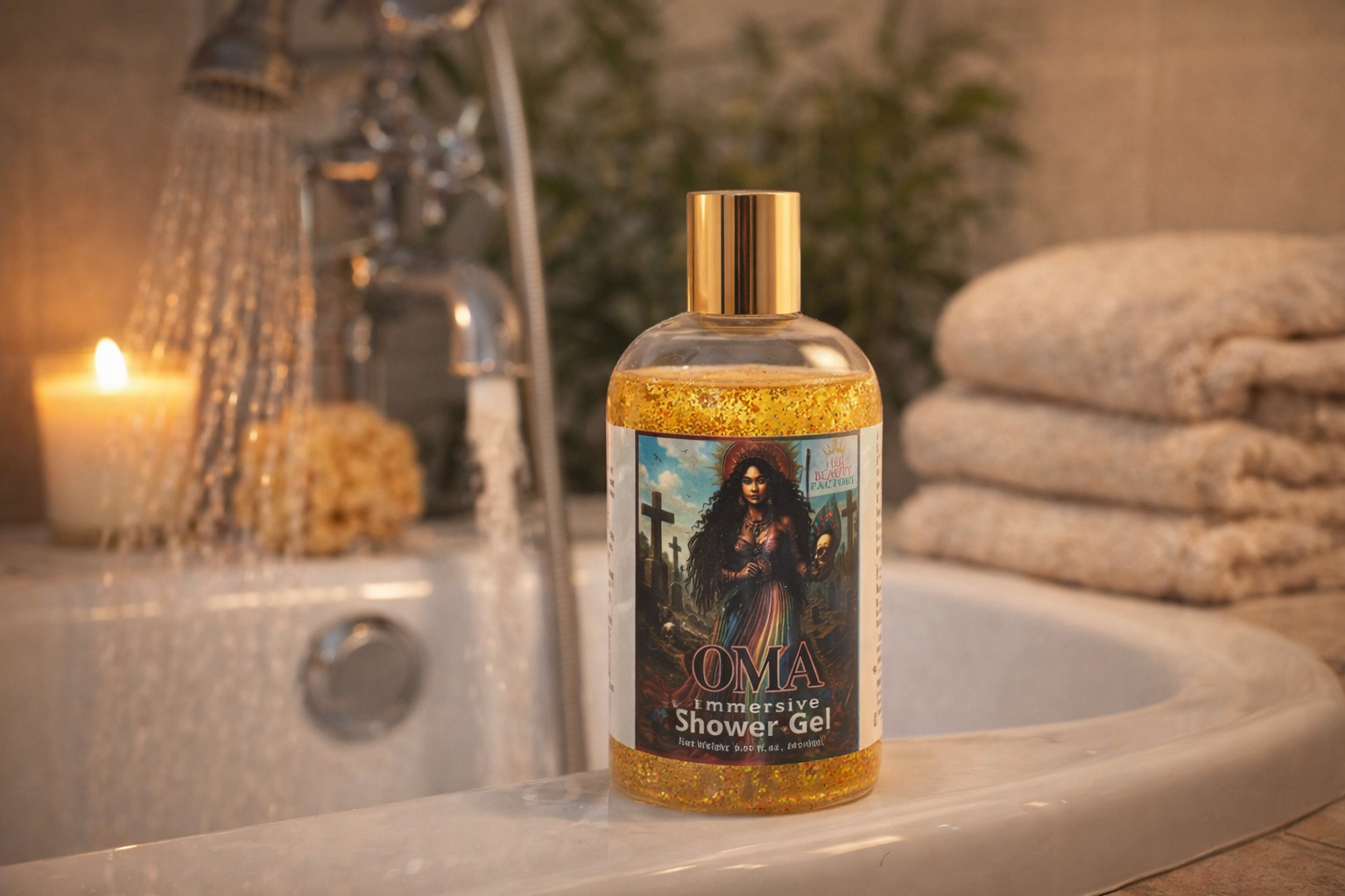 Bottle of Soma Immersive Shower Gel on a bathroom counter with bathtub and candles in the background