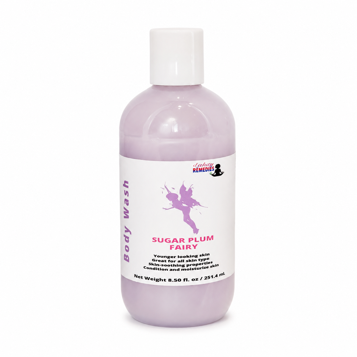 A bottle of Sugar Plum Fairy body wash by Sally Remedy, featuring a translucent lavender bottle, white cap, and a white label with purple and pink text and graphics.