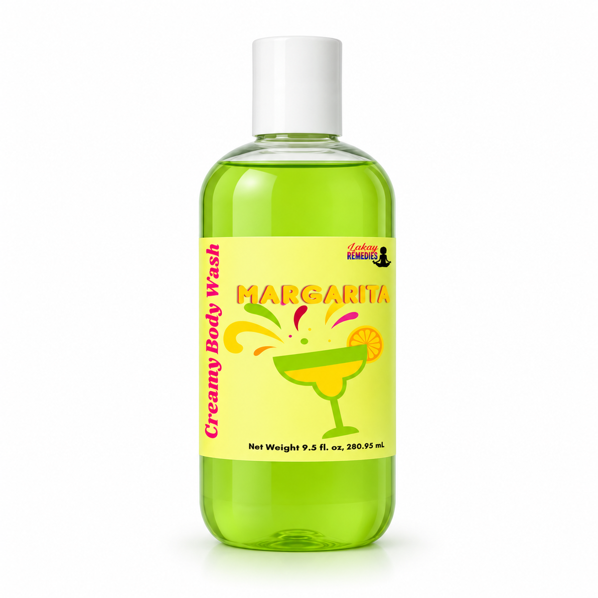 A bottle of Creamy Body Wash in the Margarita scent, featuring a bright yellow label with a margarita glass illustration and lime graphics, set against a plain white background.