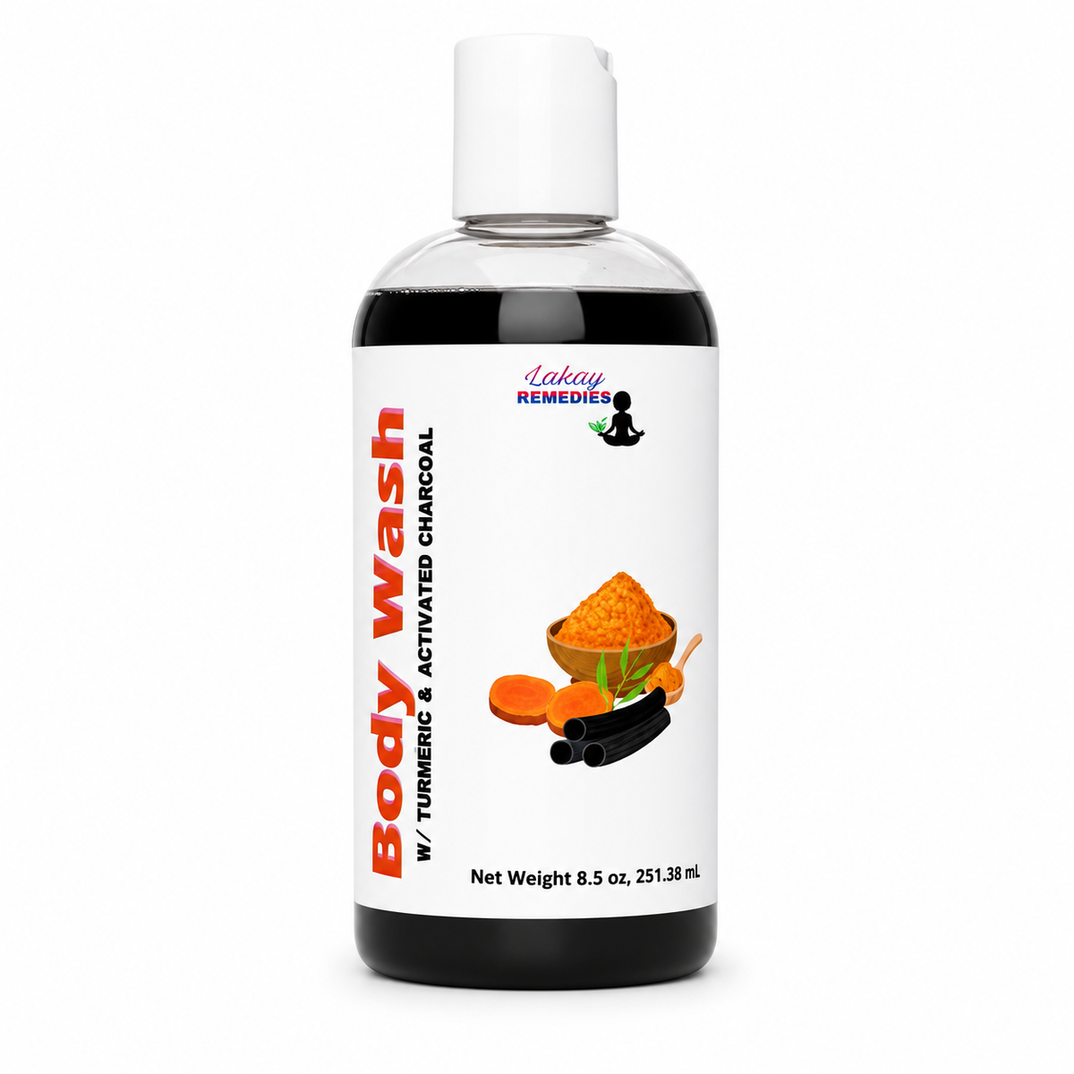 A bottle of 'Body Wash' by 'Lakay Remedies' with a white cap and a white label featuring red and black text, along with illustrations of turmeric and activated charcoal.