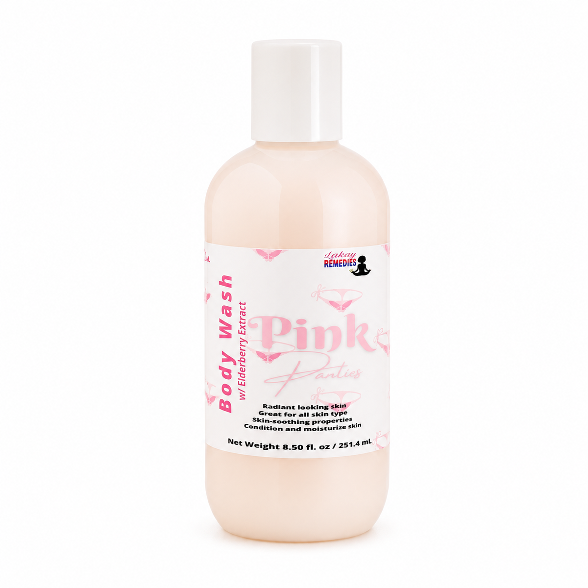 Pinkies Remedies Pink Body Wash in a 8.50 fl. oz. bottle with a white cap, on a white background.