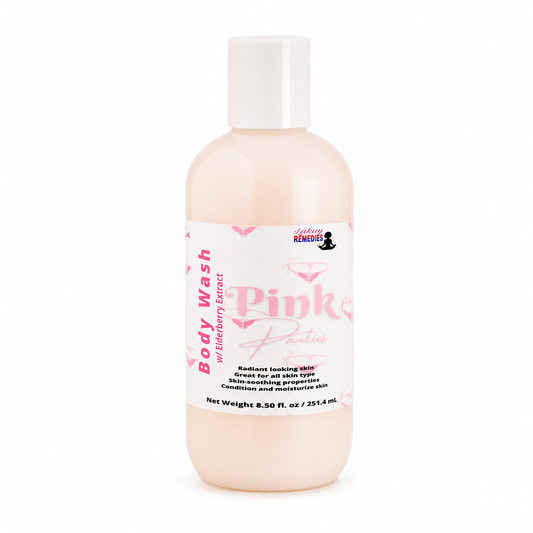 Pinkies Remedies Pink Body Wash in a 8.50 fl. oz. bottle with a white cap, on a white background.
