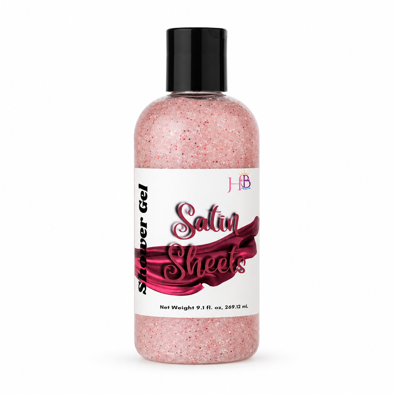 A bottle of Body Wash labeled 'Satin Sheets' with pink glitter gel visible inside, a black cap, and a white label, centered on a light gray background.