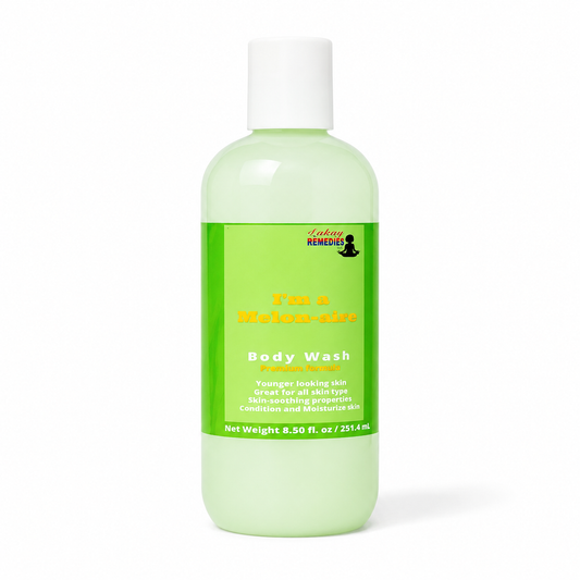A bottle of 'I'm a Melon-eat' Body Wash, featuring a light green translucent liquid, a white cap, and a bright green label with yellow text, set against a plain white background.