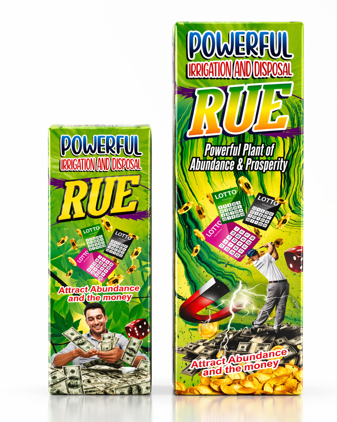Two packages of 'Powerful Irrigation and Disposal RUE' with colorful graphics and text.