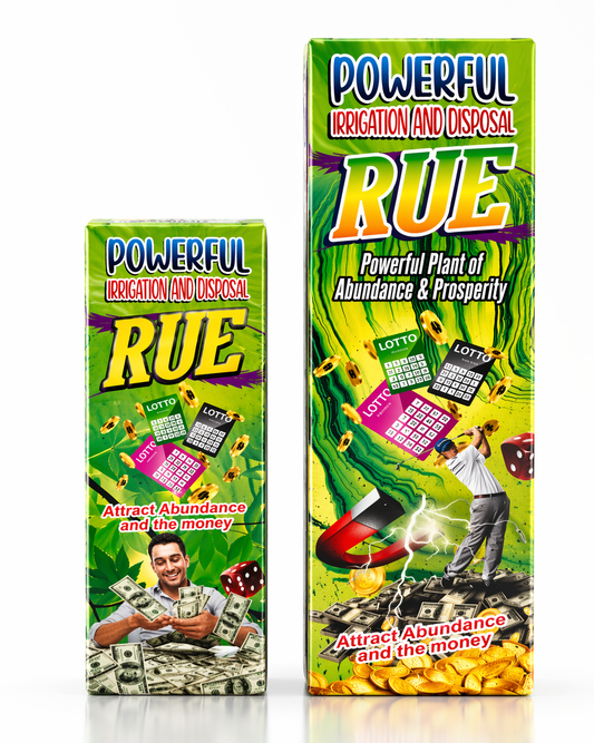 Two packages of 'Powerful Irrigation and Disposal RUE' with colorful graphics and text.