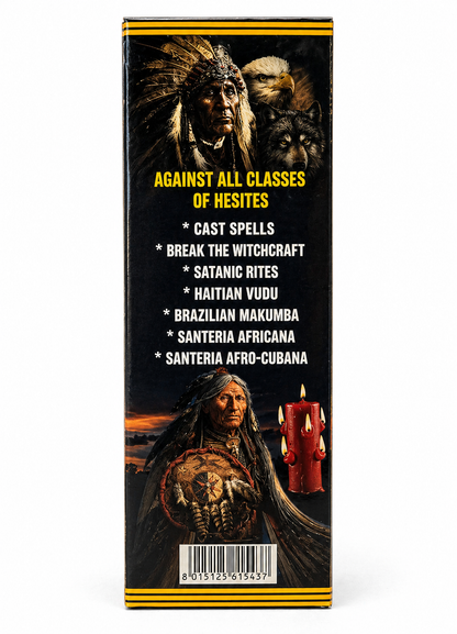 Product packaging with Native American imagery and text on a black background