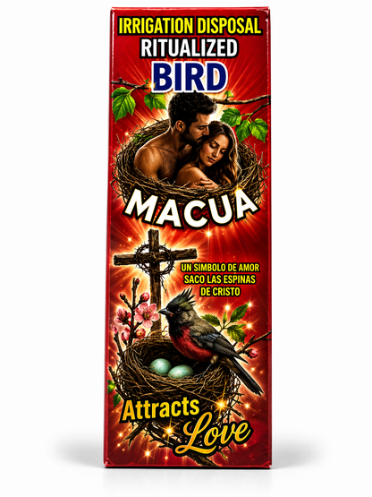 Product packaging with a romantic scene, cross, and text on a red background