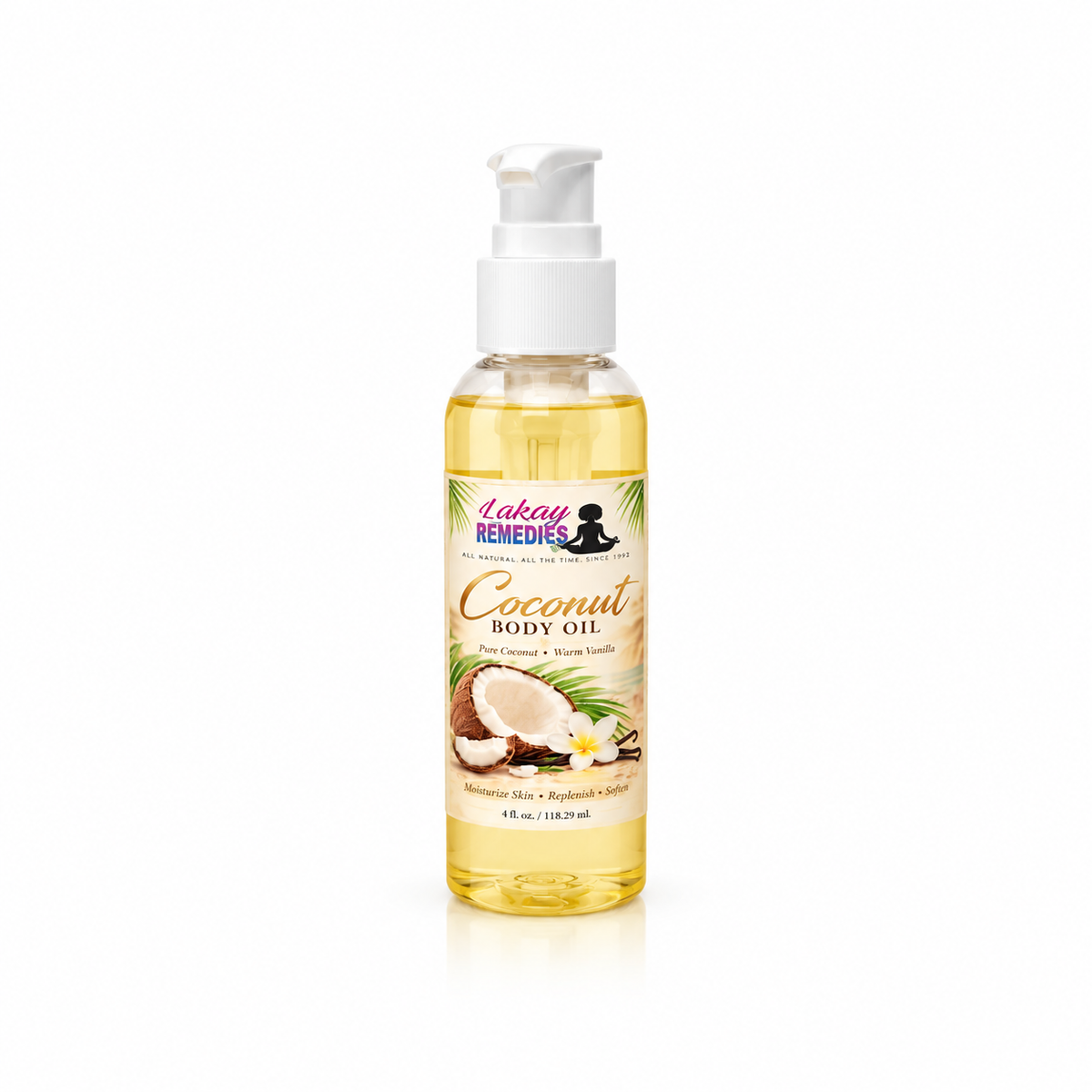 A bottle of Lakay Remedies Coconut Body Oil with a white pump dispenser, filled with golden-yellow oil, set against a plain white background.
