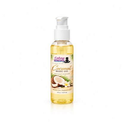 A bottle of Lakay Remedies Coconut Body Oil with a white pump dispenser, filled with golden-yellow oil, set against a plain white background.