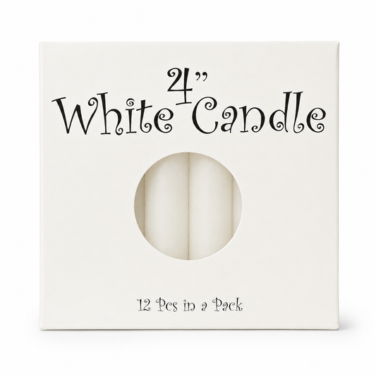 A white square candle box with a circular cutout showing two white 4-inch candles inside. The box has black text reading '4" White Candle' and '12 Pcs in a Pack' on a clean white background.
