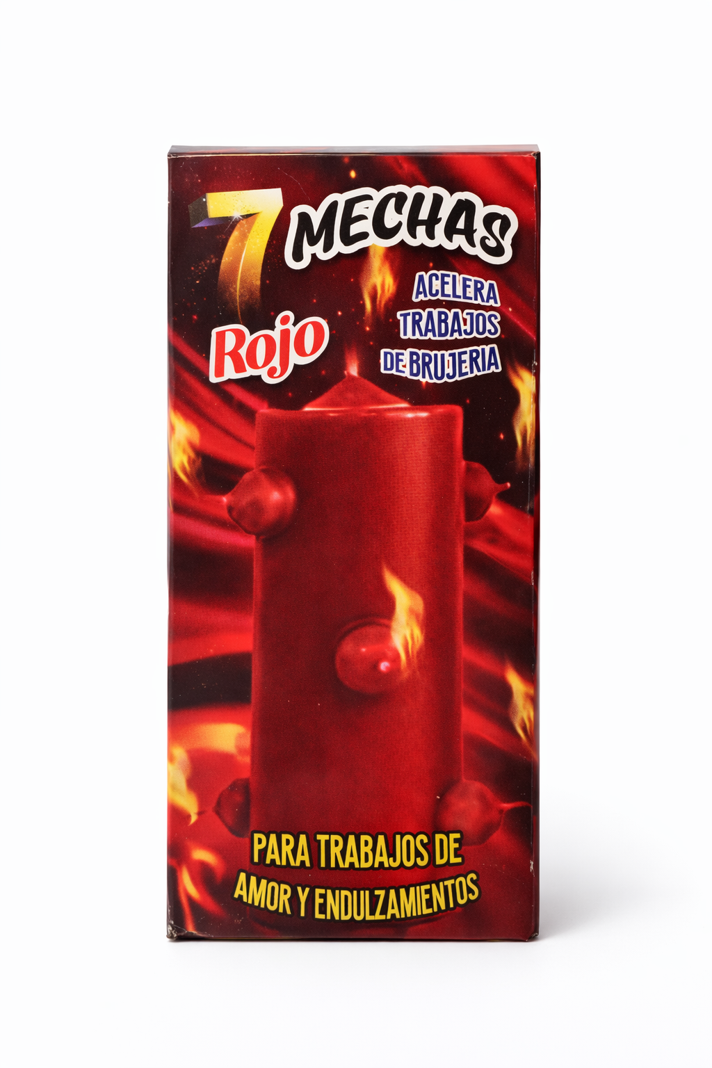Box of 7 Mechas Rojo with a red candle design on a white background
