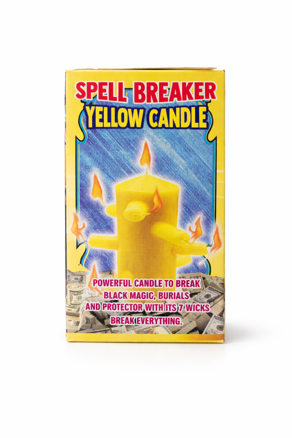 Box of Spell Breaker Yellow Candle with colorful text and a yellow candle illustration on a white background.