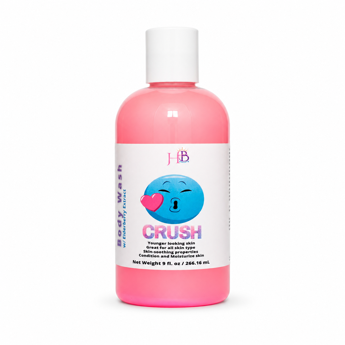 A pink bottle of Her Beauty Factory Body Wash 'CRUSH' with a white cap and a white label featuring a blue emoji graphic, set against a plain white background.