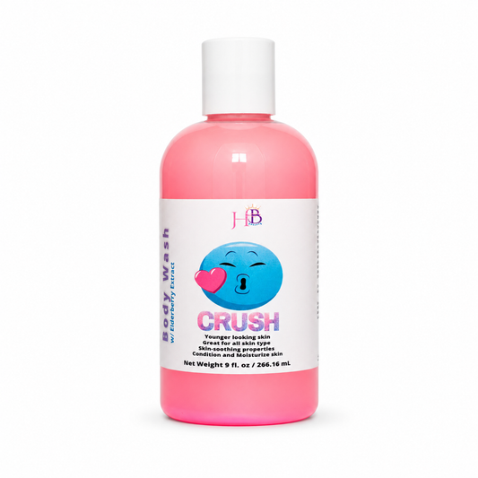 A pink bottle of Her Beauty Factory Body Wash 'CRUSH' with a white cap and a white label featuring a blue emoji graphic, set against a plain white background.