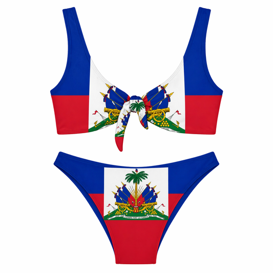 Bikini set with Haitian flag design on a white background