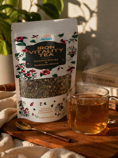 Iron Vitality Tea package with a cup of tea on a wooden tray