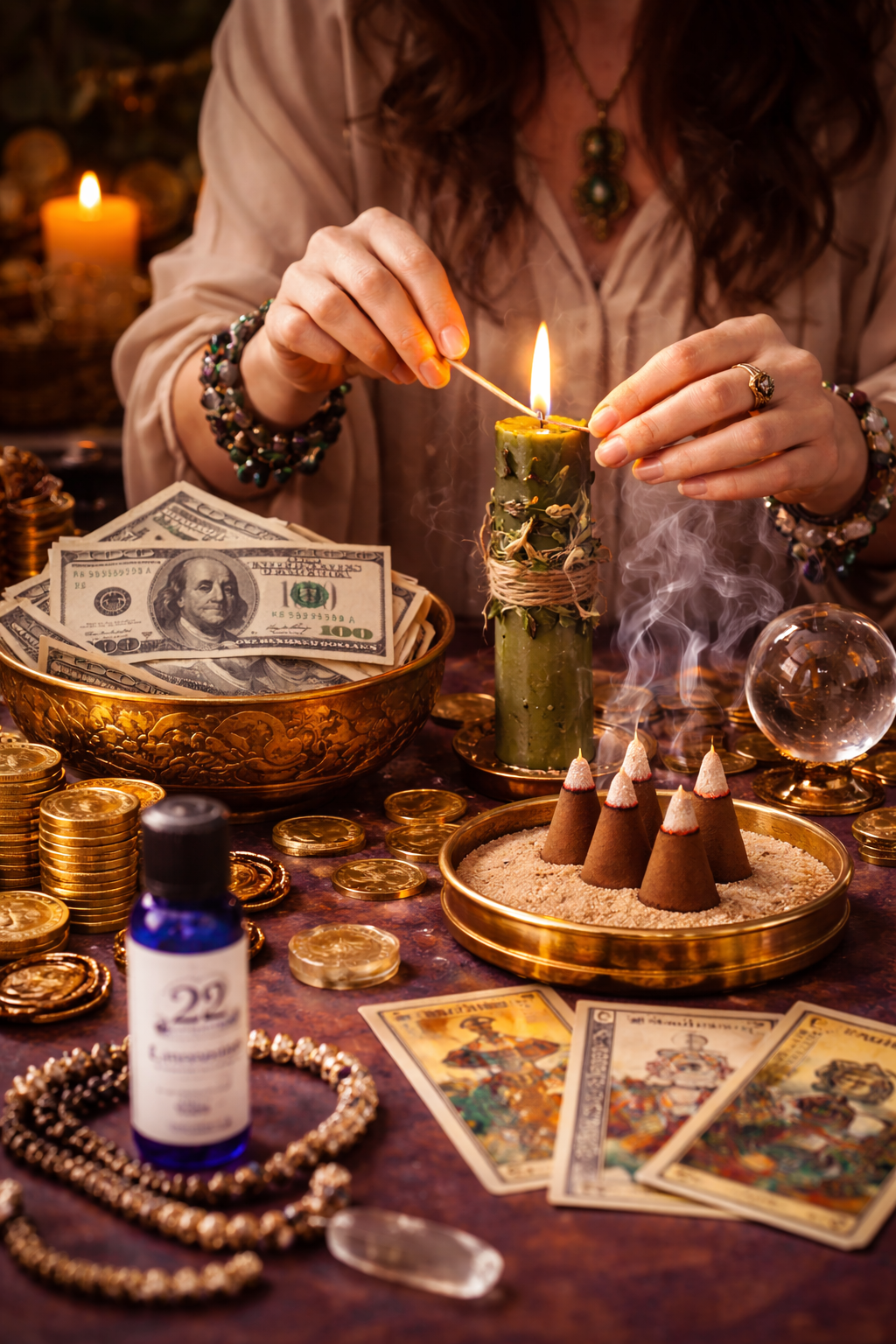Person lighting a candle with money and other mystical items on a table