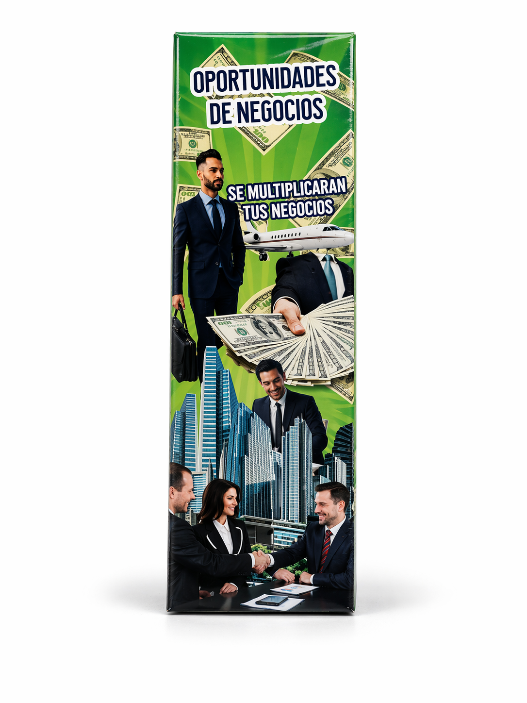 Product packaging with business-themed graphics and text on a white background