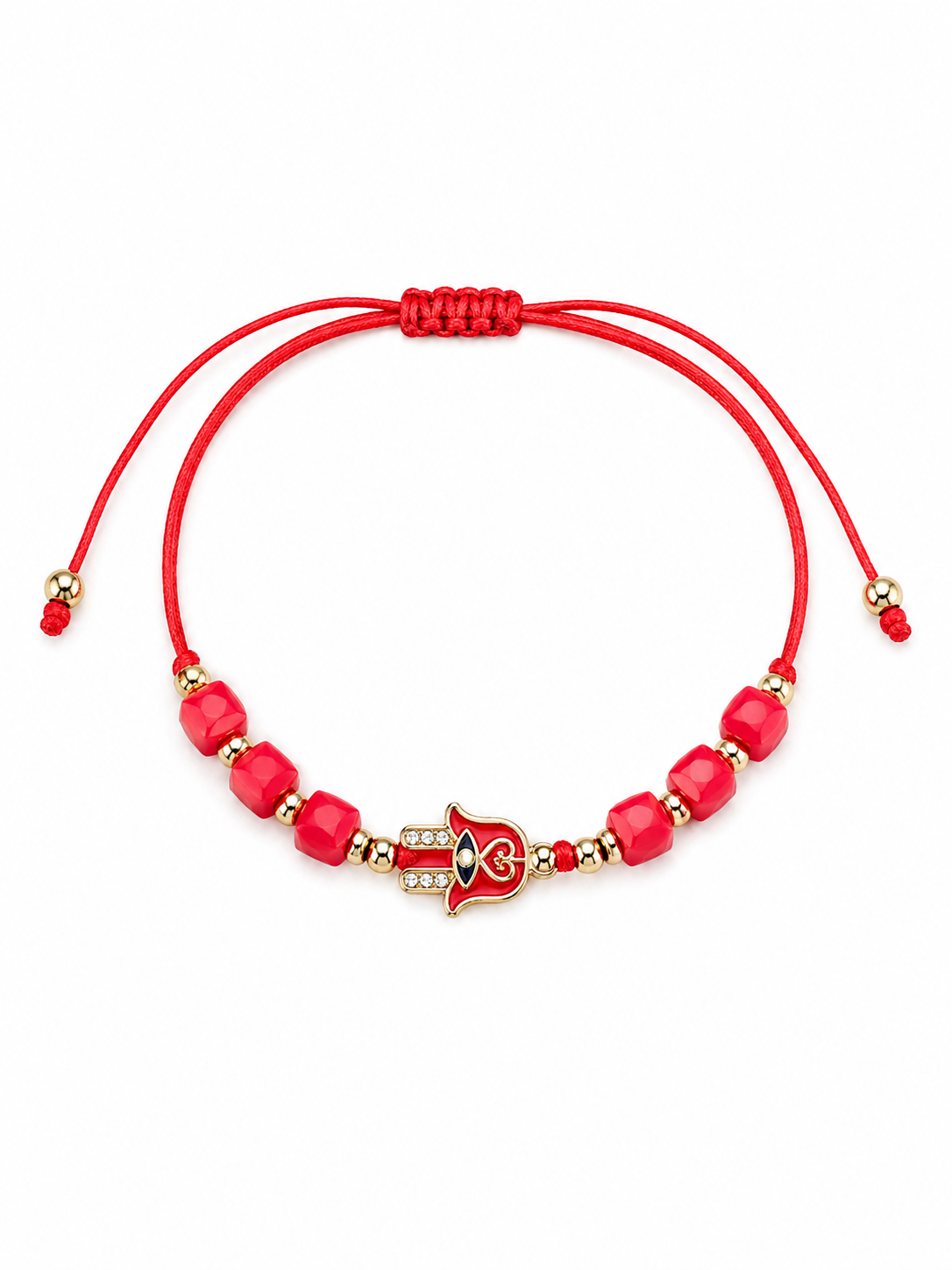 Red bracelet with red beads and a heart-shaped on Hamsa Hand on a white background