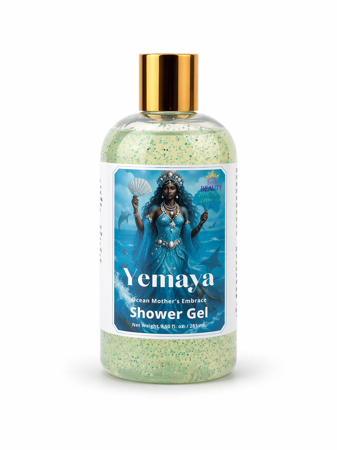 Bottle of Yemaya shower gel with a gold cap on a white background