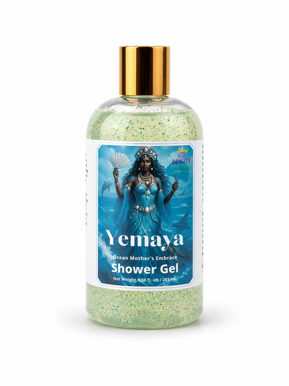 Bottle of Yemaya shower gel with a gold cap on a white background