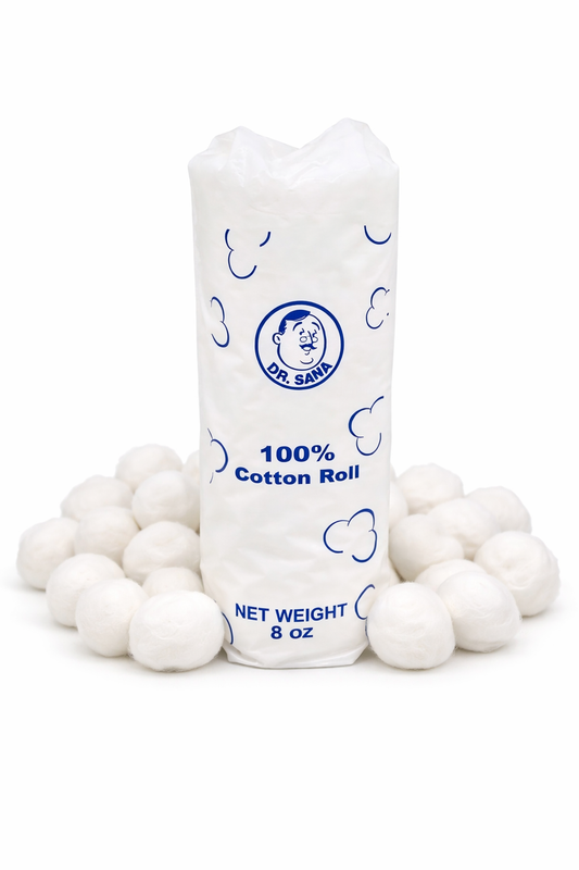 Cotton balls with a Dr. Sana branded container on a white background
