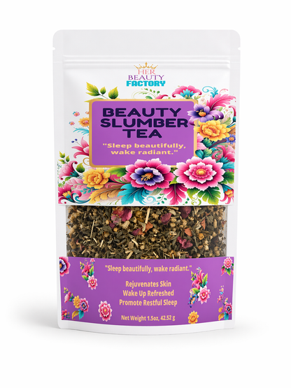 Beauty Slumber Tea package with colorful floral design and text on a white background