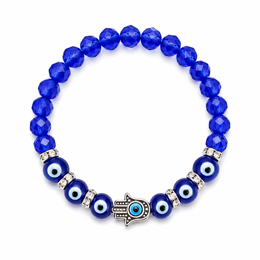Blue beaded bracelet with evil eye charms on a white background