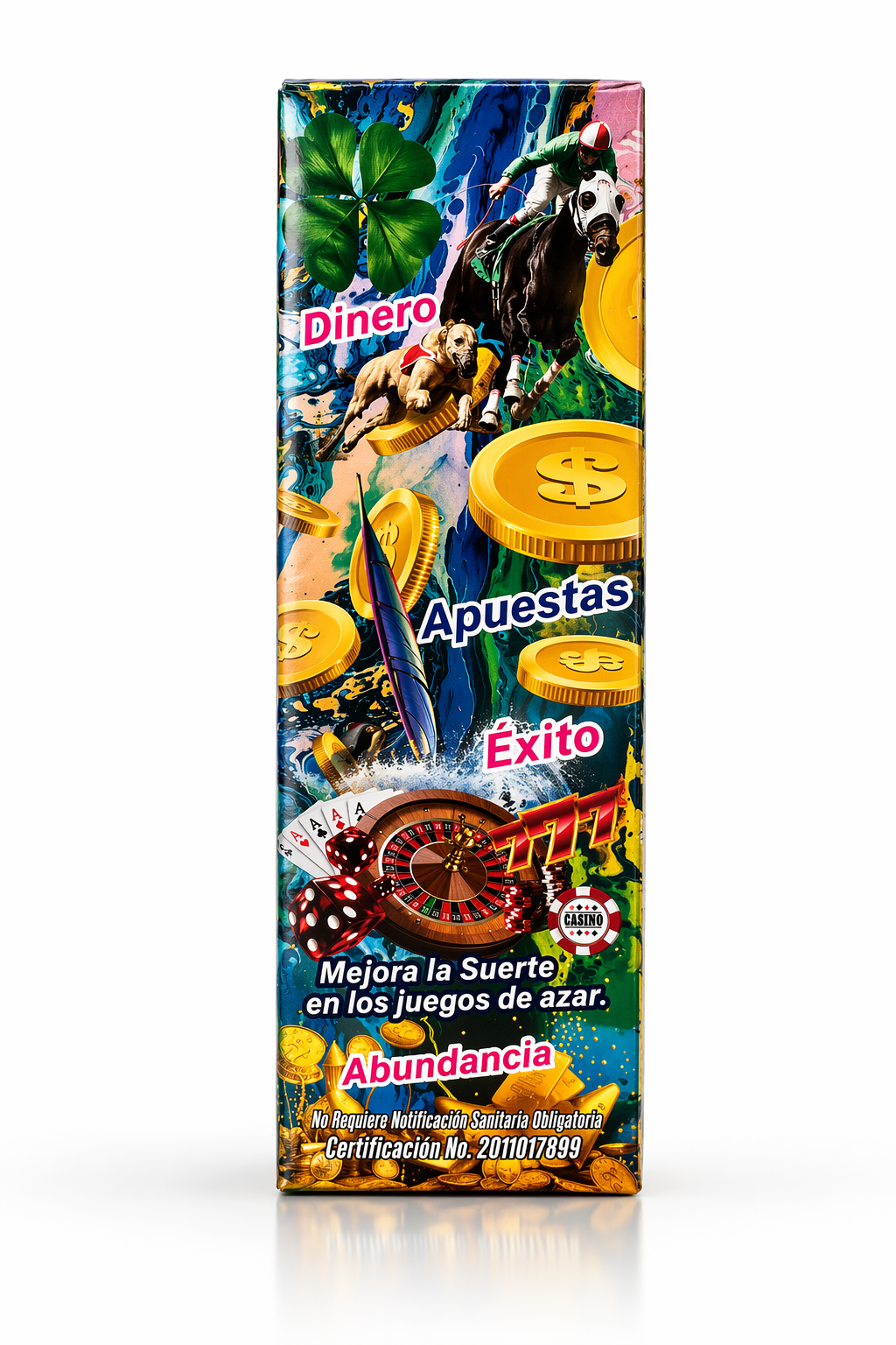 Colorful packaging with gambling-themed graphics and text on a white background