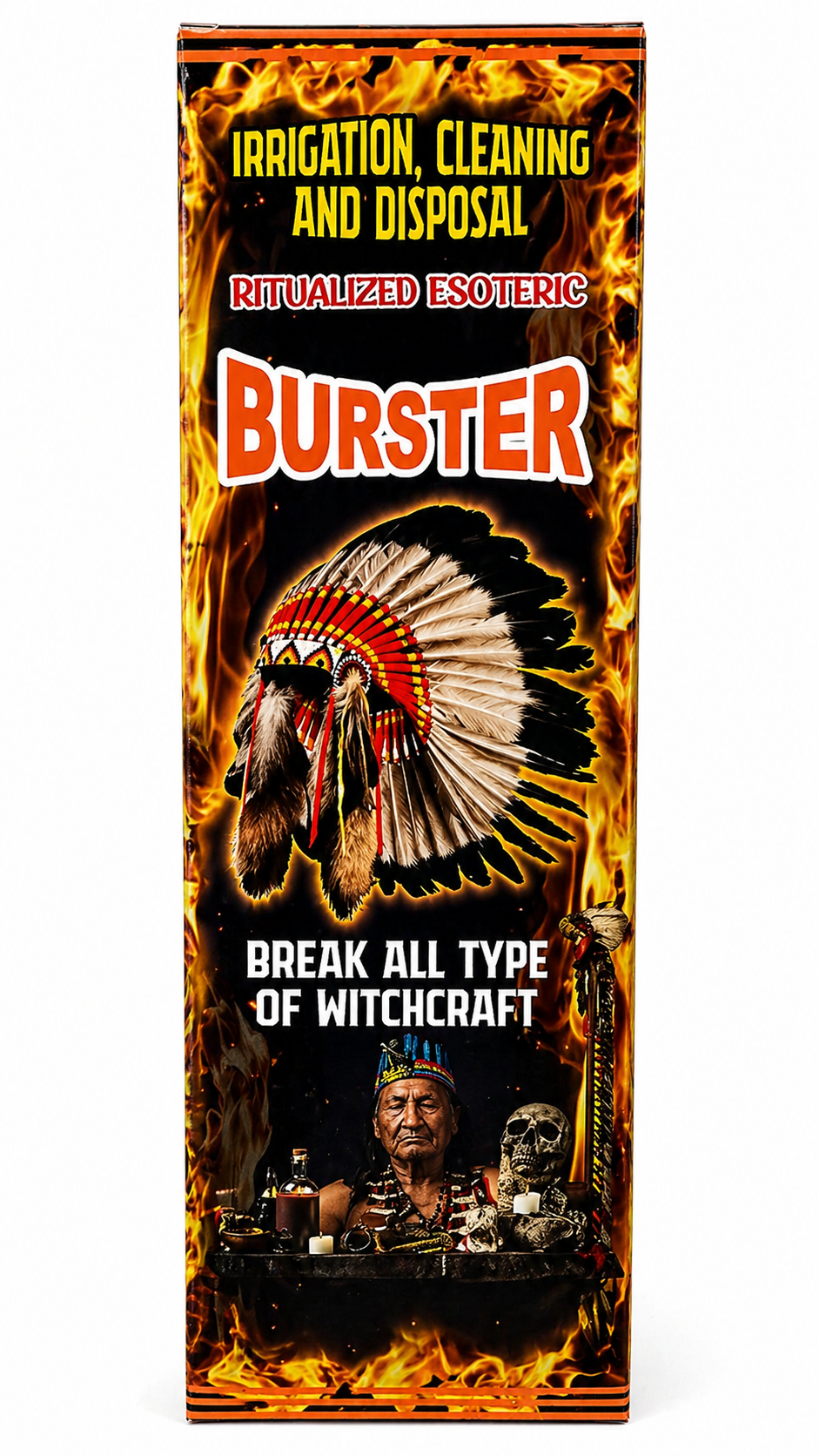 Product packaging with ritualized esoteric design and text about irrigation, cleaning, disposal, and breaking witchcraft.