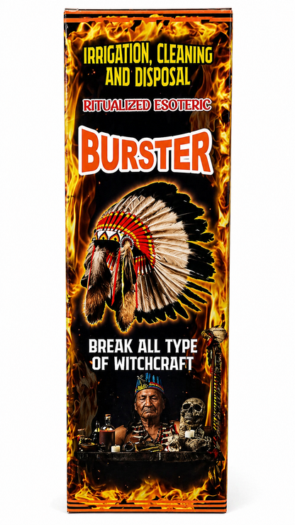 Product packaging with ritualized esoteric design and text about irrigation, cleaning, disposal, and breaking witchcraft.