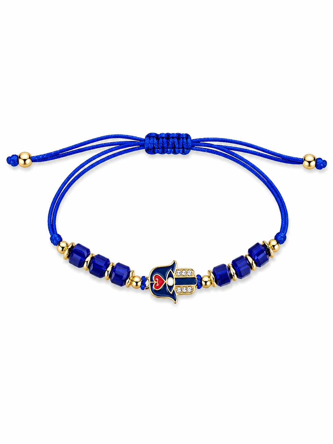 Blue beaded bracelet with a heart-shaped on Hamsa Hand on a white background