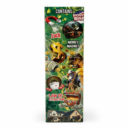 Product packaging for a money magnet with various symbols and text on a white background