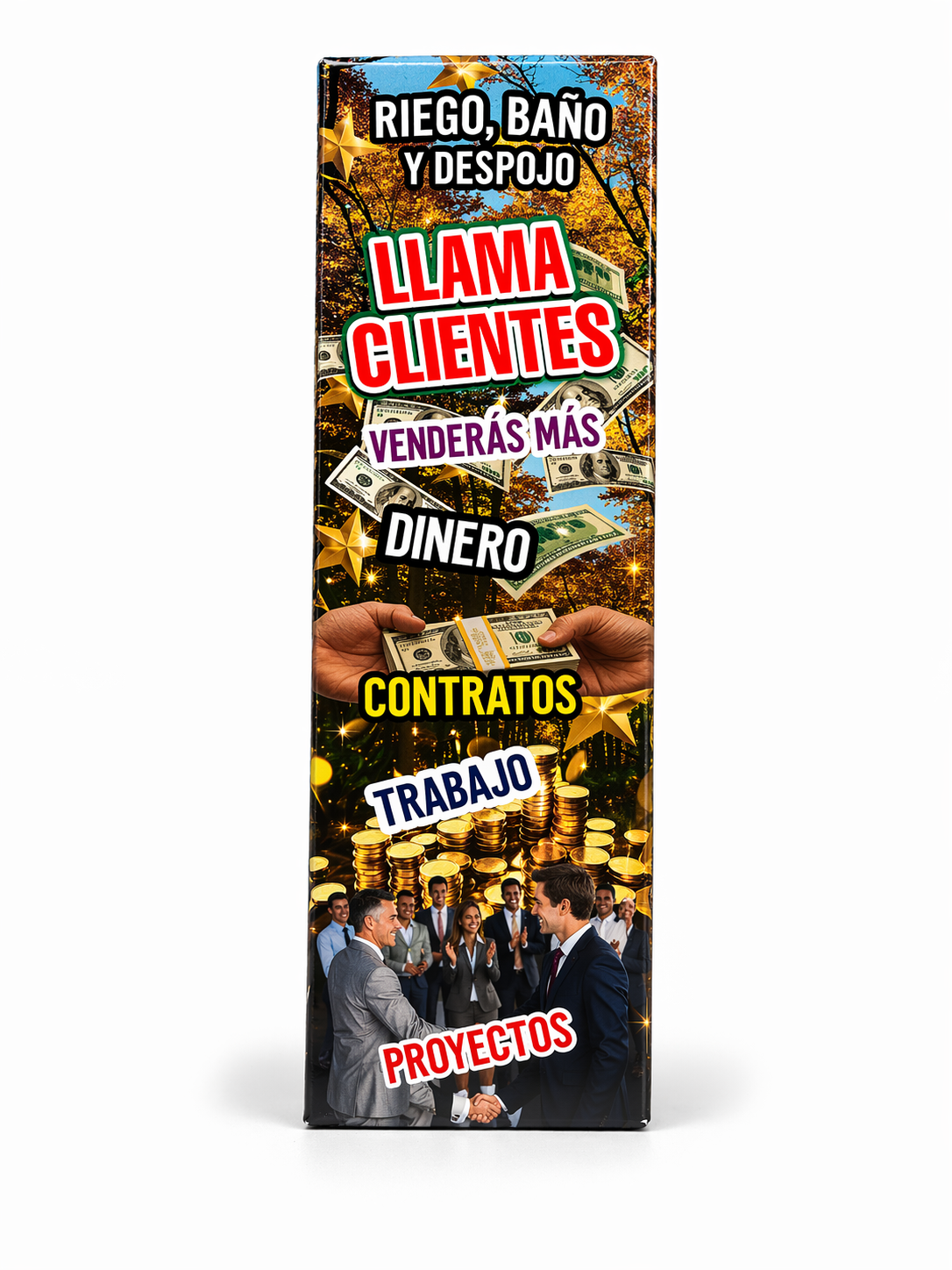 Promotional poster with text and images of people in suits, money, and a cityscape.