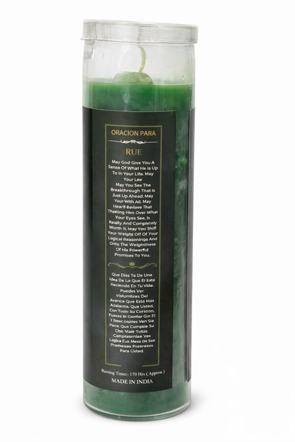 Green candle in a transparent holder with text on a white background