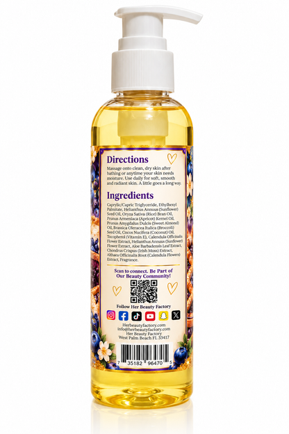 A clear plastic pump bottle filled with yellow oil, showing the back of its label with directions, ingredients, and social media details, on a white background.