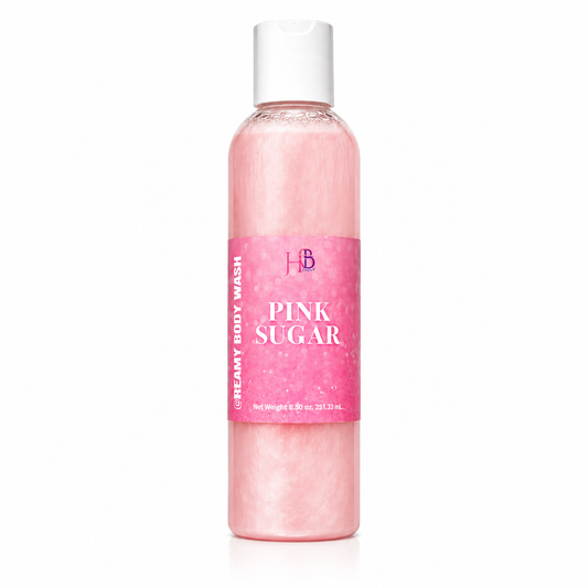 A bottle of Her Beauty Factory Body Wash in the Pink Sugar scent, featuring a translucent pink bottle with a white cap and a pink label, set against a plain white background.