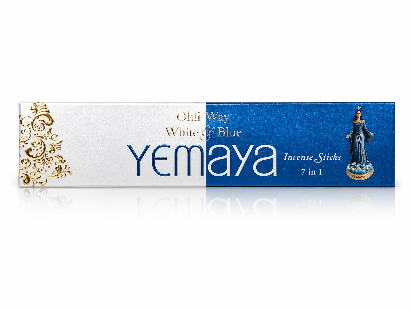 Yemaya incense sticks packaging with white and blue design on a white background