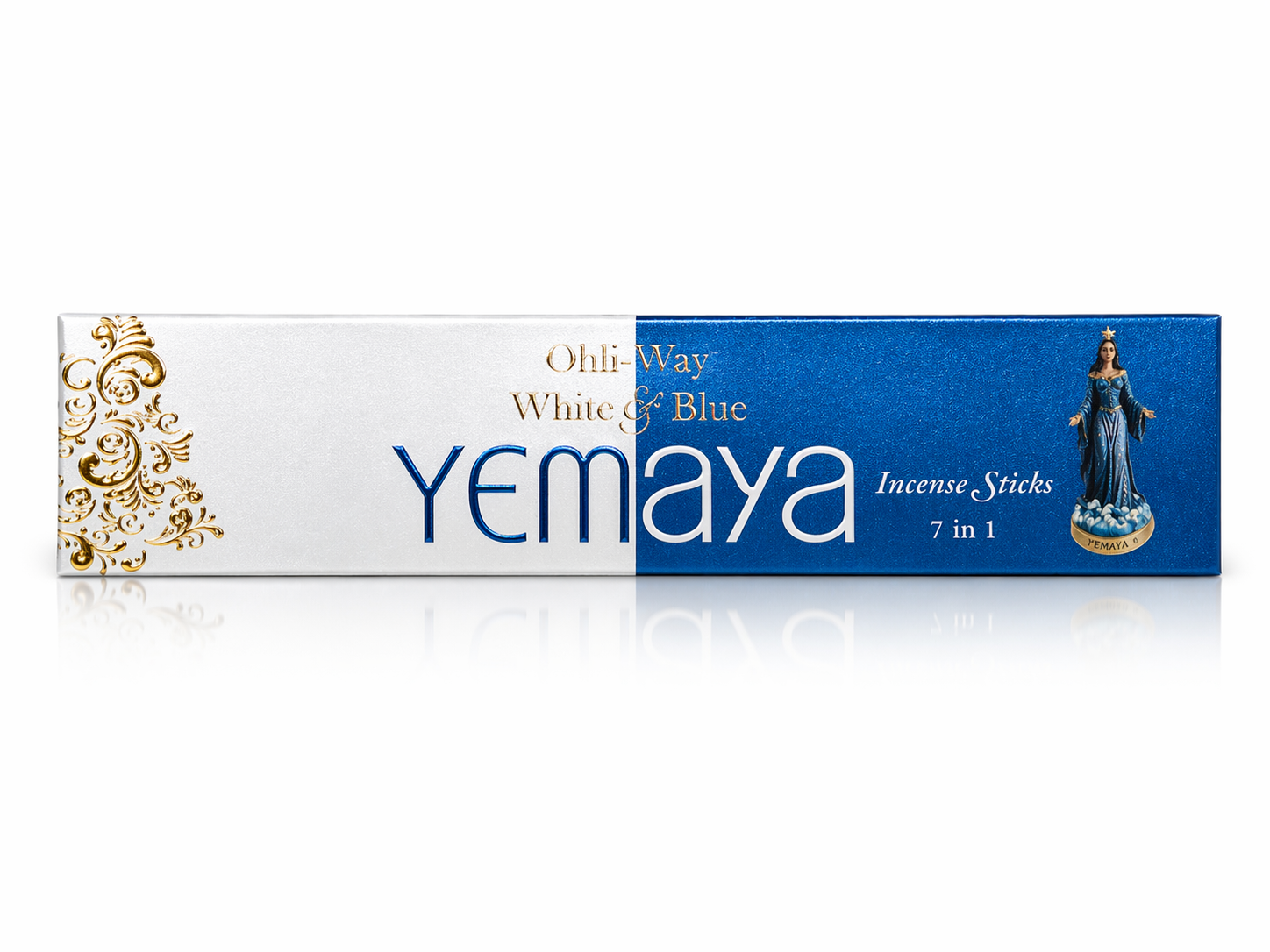 Yemaya incense sticks packaging with white and blue design on a white background