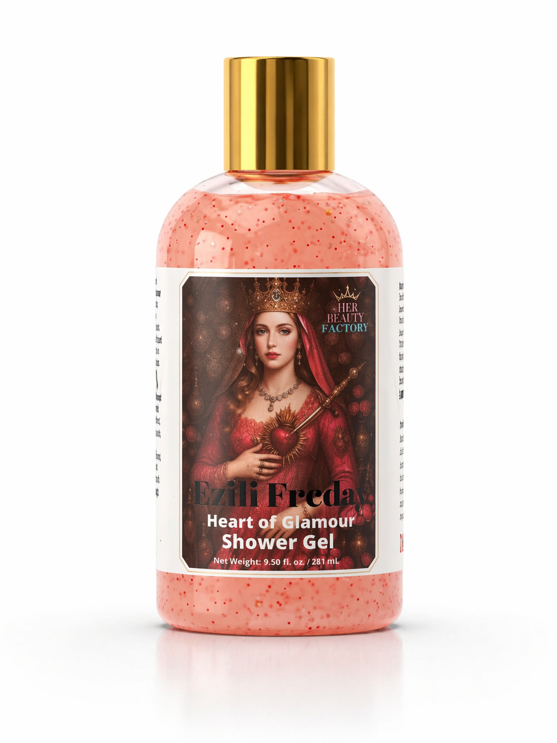 Bottle of 'Heart of Glamour' shower gel with a gold cap on a white background