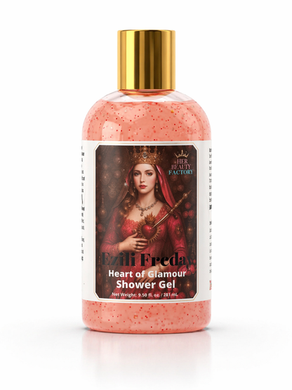 Bottle of 'Heart of Glamour' shower gel with a gold cap on a white background
