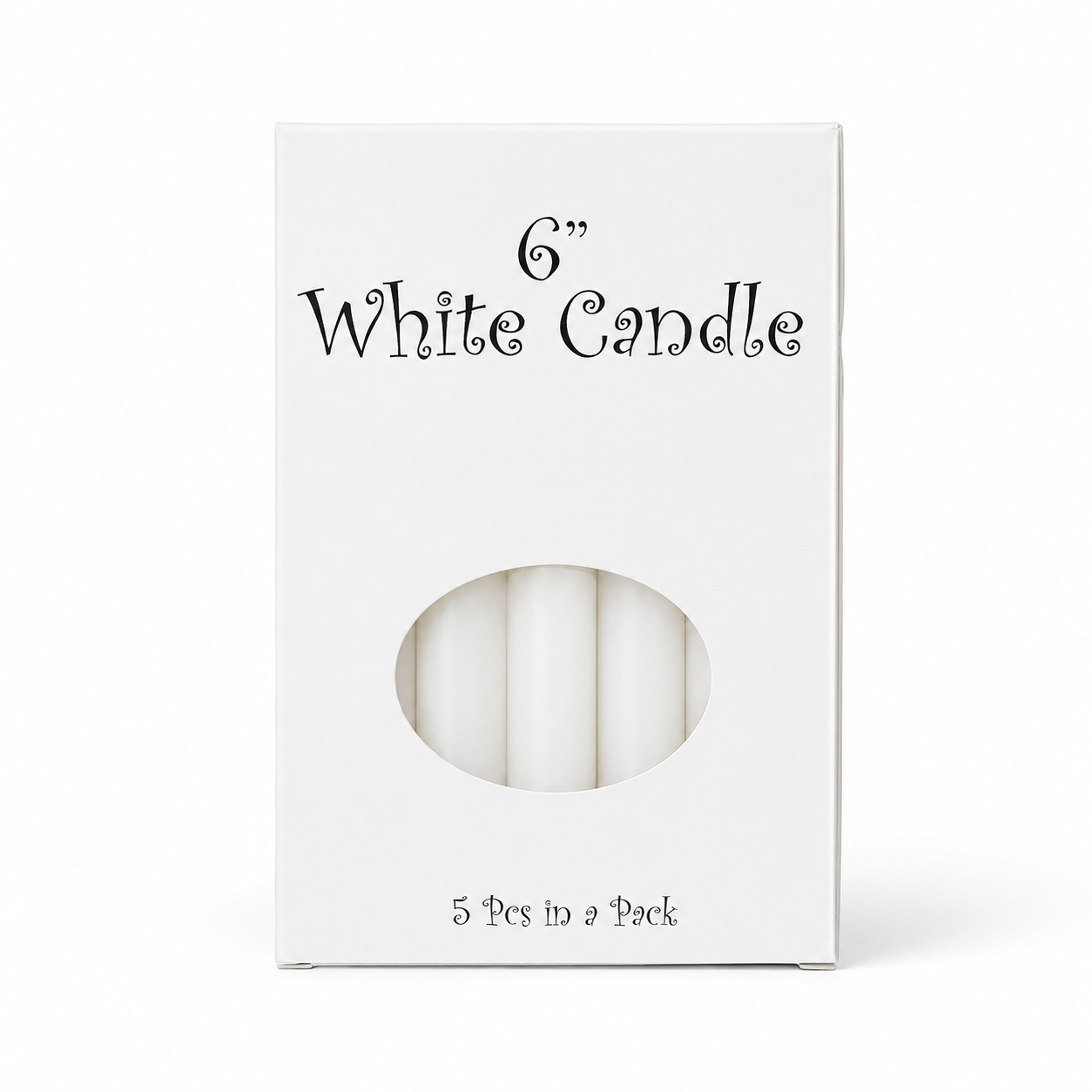 A white rectangular box containing five white 6-inch candles, with a circular cutout showing the candles inside. The box has black text reading '6" White Candle' and '5 Pcs in a Pack' at the bottom, set against a plain white background.